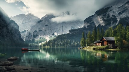 Lake Prags reflecting mountains Dolomites Italy