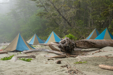 campsite with ultra light tents on a foggy beach in the pacific northwest