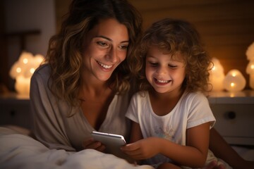 Mother with two daughters holding mobile phone and relaxing in bed at home