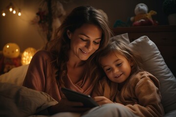 Mother with two daughters holding mobile phone and relaxing in bed at home - obrazy, fototapety, plakaty