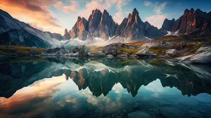 Foto op Plexiglas Reflectie Lake Prags reflecting mountains Dolomites Italy