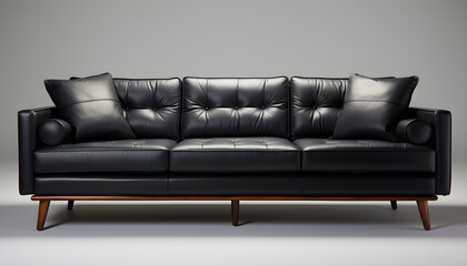 Capture the essence of relaxation and comfort with a series of casual sofa photography shots featuring a black leather sofa. Generative AI