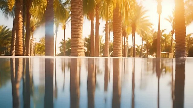 Closeup of the mirrored reflection of a row of palm trees on the pools surface, adding a tropical and exotic vibe to the scene.