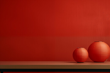 Fototapeta na wymiar Chinese concept with an empty wood floor and red lantern decoration with a red wall background.