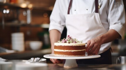 Masterful Creation: Chef Crafting a Rustic Cake in a Commercial Kitchen.




