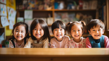 日本の幼稚園児5人が私服で横に並んで笑っている写真、背景本棚がある保育室、図書館 - obrazy, fototapety, plakaty
