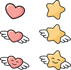 set of hearts and stars with wings