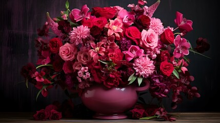 Luxurious Arrangement of Flowers in a Vase on Dark Background