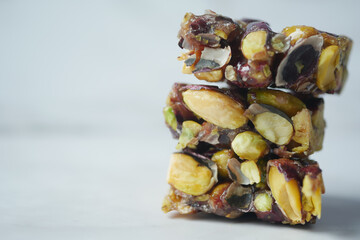 Almond and oat protein bars on table .