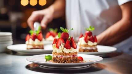 Master Chef's Culinary Craft: Creating a Delectable Dessert with Fresh Strawberries, Fluffy Whipped Cream, and Moist Cake - A Feast for the Senses.