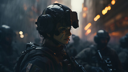 Woman with helmet and combat suit. - obrazy, fototapety, plakaty