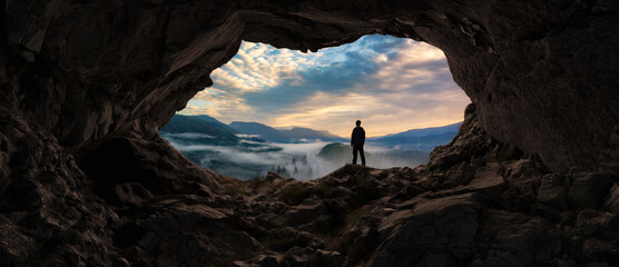 Adventurous Man Hiker standing in a cave. Mountains in background. Adventure Composite 3d
