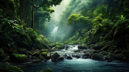 Long river of the waterfall between green mountains