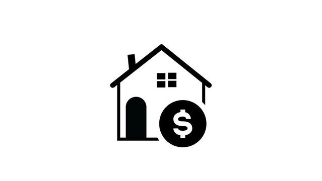 Animated black and white icon of a house with a dollar sign, symbolizing real estate investment or property cost.