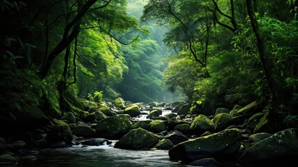 Long river of the waterfall between green mountains
