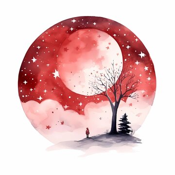 Watercolor Style Starry Night Nature Landscape Minimalist Valentine's Day Clipart  