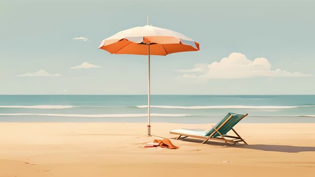 Clean and simple minimal illustration of a beach, with just a lone towel and umbrella in the sand.