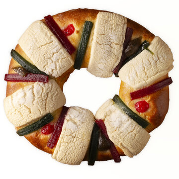 Three Kings Bread also called Rosca de Reyes, Roscon, Epiphany Cake, traditionally served with hot chocolate in a clay Jarrito. Mexican tradition on January 5th.