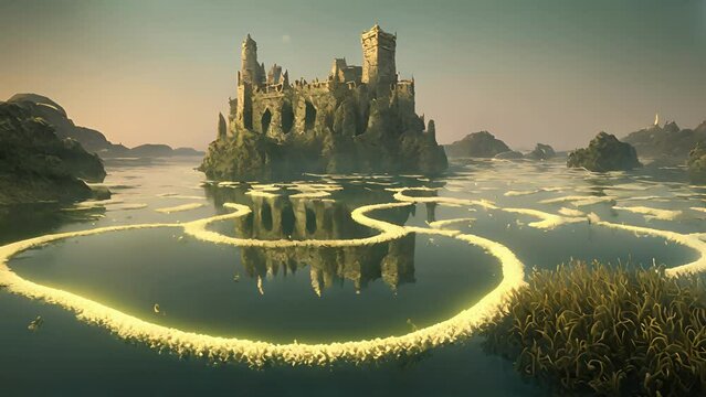 step onto shore Labyrinthine Luminescence Lagoon, immediately transported mystical world. lagoon enveloped towering walls illuminated seaweed, twisting turning gentle 2d animation
