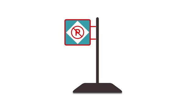 A minimalist illustration of a no parking sign with a red circle and slash over animated a letter R on a simple stand.