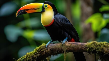 Fototapeta premium Immersed in Nature's Palette: Toucans Display Their Vivid Colors in the Rich Canopy of the Tropical Rainforest.