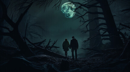 Walk in the spooky forest under the moonlight.