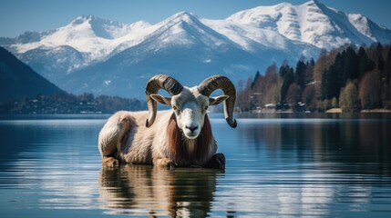 Majestic Alps Wildlife: Discover the beauty of an  Argali in the Swiss Alps, a specie that harmoniously contribute to the ecological richness of this majestic mountainous habitat. - obrazy, fototapety, plakaty