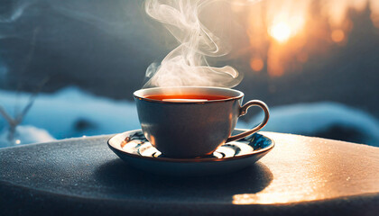 Portrait shot of a steaming cup of tea on a cold evening.AI-enhanced serenity, immersive beauty, comforting allure. - obrazy, fototapety, plakaty