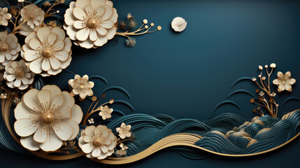 Blue and gold color scheme Chinese new year background illustration 3d paper technic with copy space. Luxury oriental style blue tone template background.