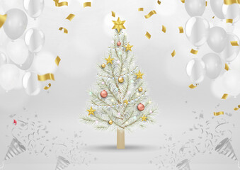 Christmas tree with balloons and confetti on white background. Vector illustration.