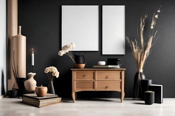 Minimalist composition of living room interior with copy space, wooden commode, vase with dried flowers, candle, black books and personal accessories. Home decor.