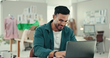 Business, laptop and man with winner fist celebration in office with good news or startup loan approval. Bonus, yes and male fashion designer with excited hand gesture for promotion, email or growth