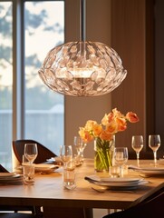 Modern Brilliance: Contemporary Glass Chandelier Suspended from the Ceiling Casts an Aura of Glamour and Refinement in Any Interior Setting.