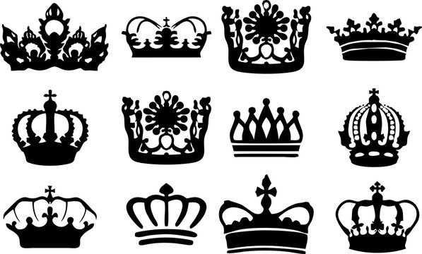 Crown silhouette icons set. Collections of queen tiara. Emperor crowns, King diamond coronation for power and honor High HD resolution images for reuse in designing.