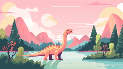 Poster  a dinosaur seamlessly integrated into a natural pink color landscape © Sajib