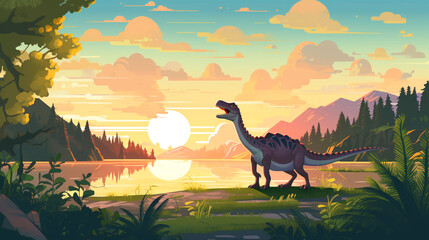 cartoon dinosaur art, landscape scenery background