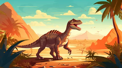 Tuinposter illustration featuring a dinosaur seamlessly integrated into a natural landscape © Sajib