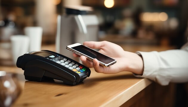 Close up view at hand hold mobile phone, touch a credit card reader on the counter inside the coffee shop. Cashless payment concept.