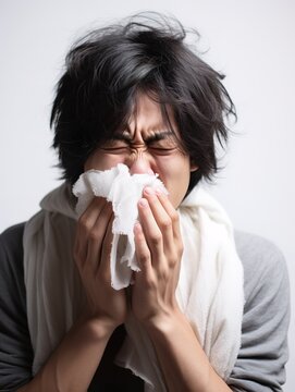Allergy, sneeze and asian man is sick with tissue in studio with grey background with cold or sinus. Virus, allergies and male person with toilet paper for flu or problem with nose or congestion.