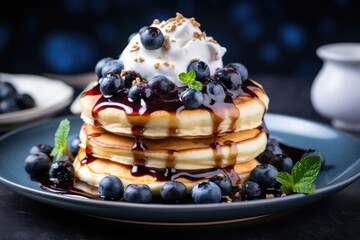 Berries Bliss: Blueberry Pancakes, Fluffy and Homemade, Topped with Whipped Cream and Fresh Blueberries - A Delicious Culinary Creation Perfect for a Comforting Breakfast.

