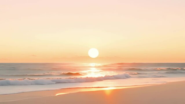Minimalistic view of a peaceful beach scene, with the pale peach sun setting behind the horizon and casting a hue of Peach Fuzz on the waters surface.