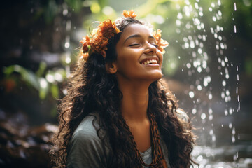 A Indian woman breathes calmly looking up enjoying spring air