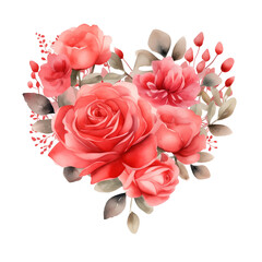 bouquet of red roses in heart shape watercolor clipart for valentine's day