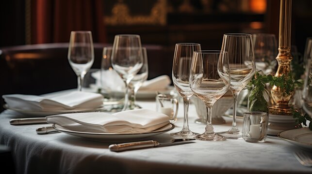 Elegant Dining Affair: Experience a Hotel Table Set for Dining, Polished to Perfection, Offering a Sophisticated Ambiance Ideal for Business or Romantic Occasions.