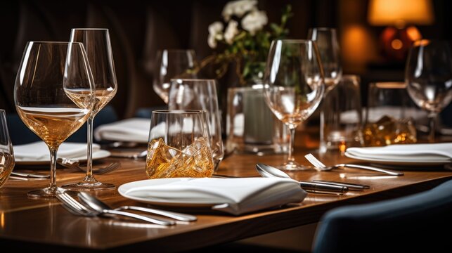 Elegant Dining Affair: Experience a Hotel Table Set for Dining, Polished to Perfection, Offering a Sophisticated Ambiance Ideal for Business or Romantic Occasions.
