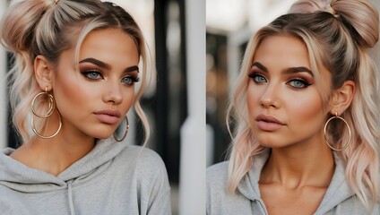 a girl, blonde double buns hair style, light bold eyeshadows, huge silver hoop earrings, outdoor, deeply tanned, pale pink lips, full make up, hoodie ai generated - obrazy, fototapety, plakaty