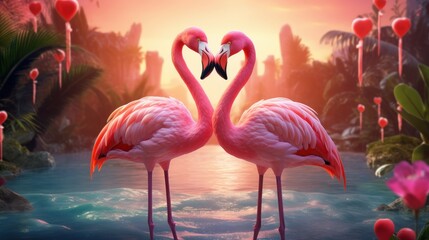 Couple of flamingo on romantic valentines background. Valentine's day greeting card, in love