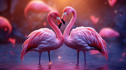Couple of flamingo on romantic valentines background. Valentine's day greeting card, in love - obrazy, fototapety, plakaty