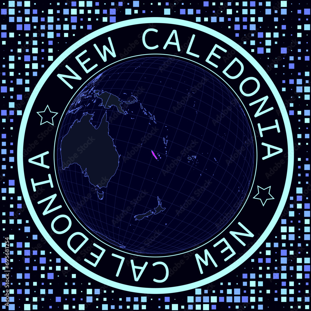 Poster new caledonia on globe vector. futuristic satellite view of the world centered on new caledonia. geo
