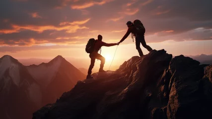 Photo sur Plexiglas Everest Two men. Travelers lend a helping hand, overcoming obstacles, climbing to the top. Business, the path to success. Silhouette of tourists at sunset in the everest mountains in the sun, winter season, t